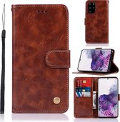 Voor Galaxy S20 + Retro koperen knop Crazy Horse Horizontale Flip PU lederen tas met houder & kaartsleuven & portemonnee & lanyard (bruin)