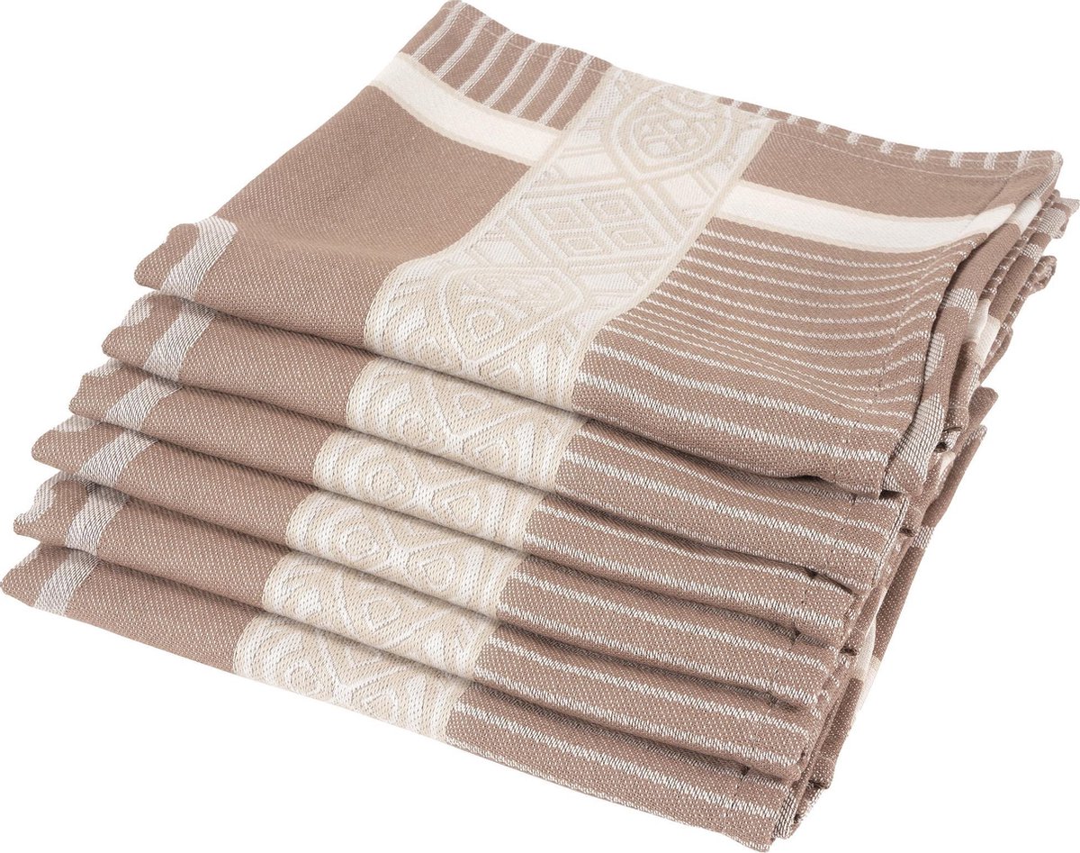 Twentse Damast Keuken Handdoeken - Hollandse Designs - Theedoeken Set - 6 stuks - 60x65 cm - Ornament Beige