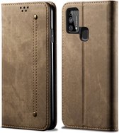 Voor Galaxy M31 denim textuur casual stijl horizontale flip lederen tas met houder en kaartsleuven en portemonnee (kaki)