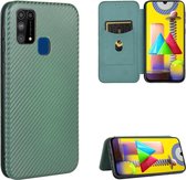 Voor Samsung Galaxy M31 Carbon Fiber Texture Magnetische Horizontale Flip TPU + PC + PU Leather Case met Rope & Card Slot (Green)