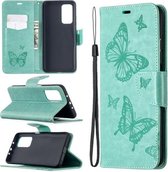 Voor Xiaomi Mi 10T 5G Twee vlinders reliëfpatroon horizontale flip lederen tas met houder & kaartsleuf & portemonnee & lanyard (groen)