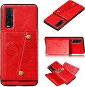 Voor OPPO Reno3 Pro dubbele gesp PU + TPU schokbestendige magnetische beschermhoes met kaartsleuf en houder (rood)