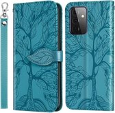 Voor Samsung Galaxy A72 5G Life of Tree Embossing Pattern Horizontale Flip Leather Case met houder & kaartsleuf & portemonnee & fotolijst & Lanyard (Lake Blue)