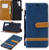 Kleurafstemming Denim Texture Leather Case voor Huawei P30, met houder & kaartsleuven & portemonnee & lanyard (donkerblauw)