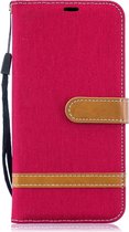 Kleurafstemming Denim Texture Leather Case voor Galaxy A10, met houder & kaartsleuven & portemonnee & lanyard (rood)