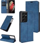 Voor Samsung Galaxy S21 Ultra 5G Retro-skin Business magnetische zuignap lederen tas met houder & kaartsleuven & portemonnee (donkerblauw)