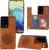 Voor Samsung Galaxy S21 Ultra 5G Mandala Reliëf PU + TPU Case met houder & kaartsleuven & fotolijst & riem (bruin)