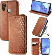 Voor Oppo A53 2020 Cubic Grid Pressed Horizontal Flip Magnetic PU Leather Case met houder & kaartsleuven & portemonnee (bruin)