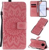 Voor xiaomi redmi k30 pro reliÃ«f zonnebloem patroon horizontale flip pu lederen case met houder & kaartsleuven & portemonnee & lanyard (roze)