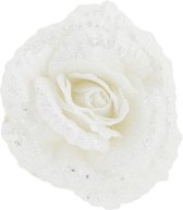 2x stuks decoratie bloemen roos wit glitter op clip 18 cm - Decoratiebloemen/kerstboomversiering/kerstversiering
