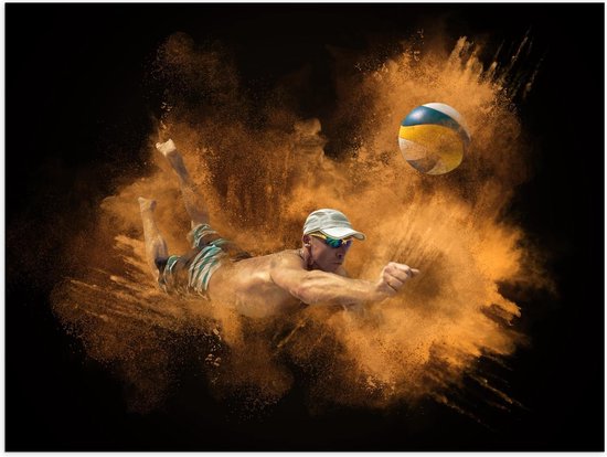 Poster – Man met Volleybal in Zand - 40x30cm Foto op Posterpapier