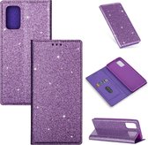 Voor Samsung Galaxy A91 ultradunne glitter magnetische horizontale flip lederen tas met houder en kaartsleuven (paars)