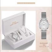 Boerni Aibisino Zilverkleurig Horloge Mandala met Armband en Ketting Zilver luxe geschenk set luxe geschenk set | Crystal glass | Premium kwaliteit uurwerk Quartz Japan | Mineraal
