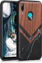 kwmobile telefoonhoesje compatibel met Huawei P Smart (2019) - Hoesje met bumper in zwart / wit / donkerbruin - walnoothout - Hout Glory Marmer design