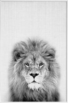 JUNIQE - Poster met kunststof lijst Leeuw zwart-wit foto -13x18 /Grijs