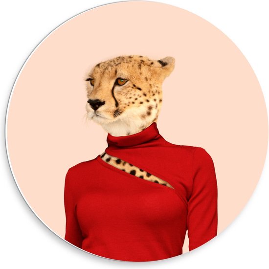 Forex Wandcirkel - Panter Met Rood Shirt - 30x30cm Foto op Wandcirkel (met ophangsysteem)