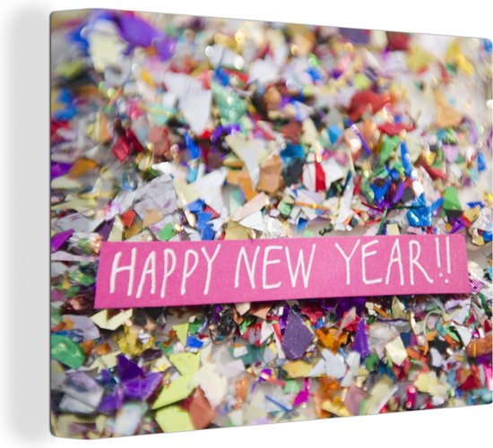 Canvas Schilderij Confetti met de tekst Happy New Year - 120x90 cm - Wanddecoratie