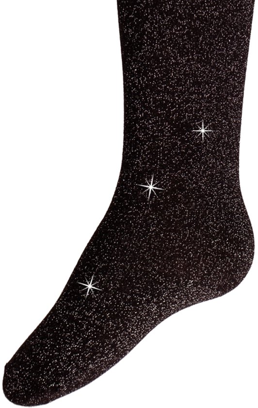 Zwarte panty met een subtiele glinstering en drie witte sterren. De teen en hiel zijn zichtbaar.