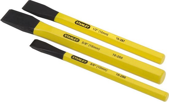 Drie Stanley beitels van 3/8", 5/8" en 1/2" met gele handvatten.