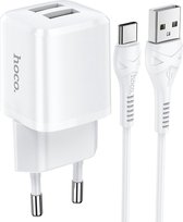 HOCO N8 Briar - Compacte 2-Poort USB Oplader - EU Plug - Universele 10W Lader + USB naar USB-C Kabel - Voor Android Smartphones - Wit