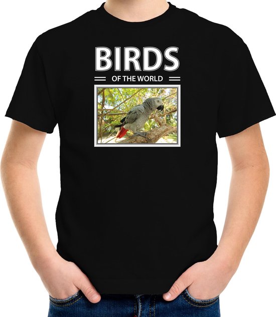 Dieren foto t-shirt Grijze roodstaart papegaai - zwart - kinderen - birds of the world - cadeau shirt vogel liefhebber - kinderkleding / kleding 146/152