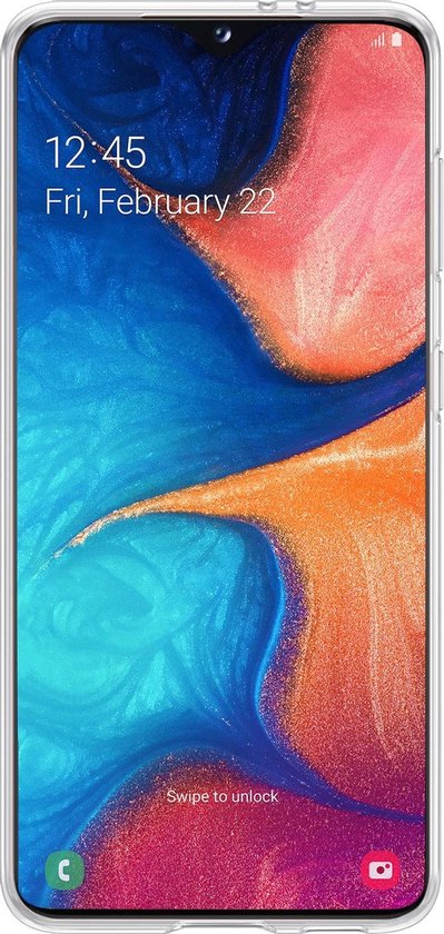 Voorkant van een Samsung smartphone met een kleurrijk scherm, in een transparante hoes.