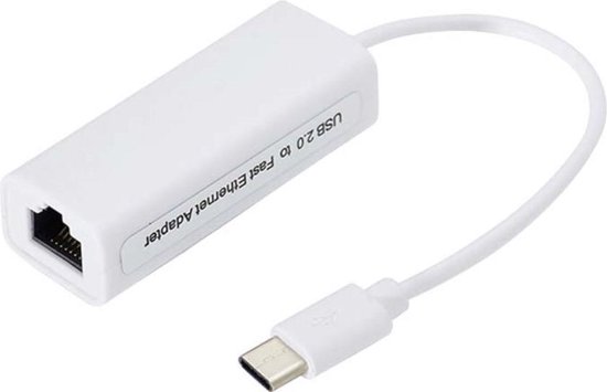 Witte USB 2.0 naar Fast Ethernet adapter met USB-C connector.