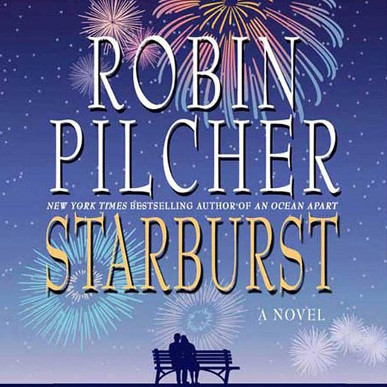 Boekcover van Starburst met vuurwerk en een silhouet van een stel op een bankje.