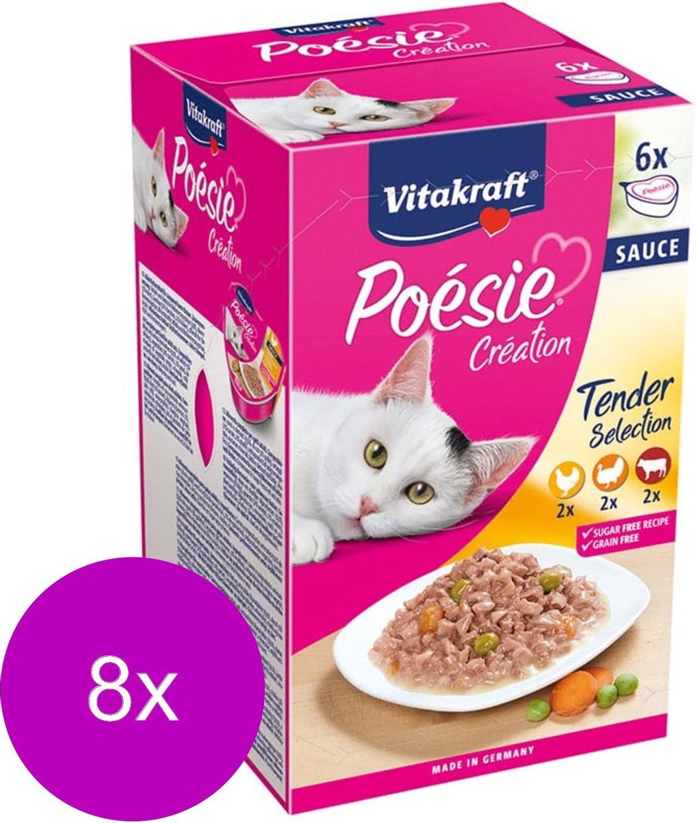 Vitakraft Vitakraft Poésie multipack saus - natvoer -8 verpakkingen 6x85 gram - met kip & groente in saus, rund & wortel in saus en kalkoen in kaassaus