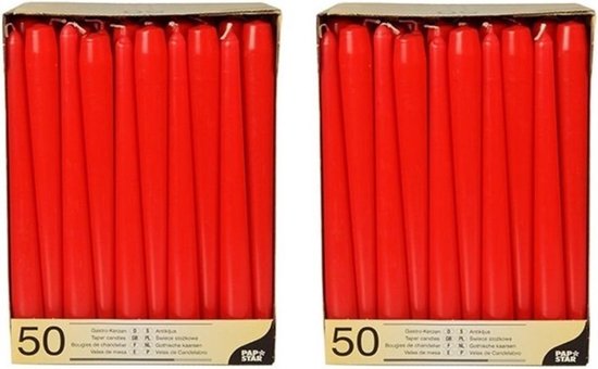 Voordeelverpakking rode dinerkaarsen/kandelaarkaarsen - Gotische kaarsen rood 100 stuks 25 cm - Tafel decoratie kaarsen