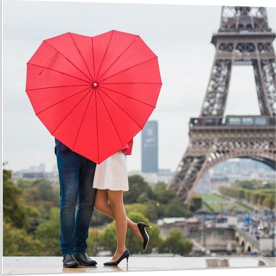 Forex - Liefdes Paraplu bij Eiffeltoren - 80x80cm Foto op Forex