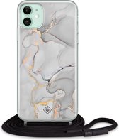 iPhone 11 hoesje met koord - Marmer grijs | Apple iPhone 11 crossbody case | Zwart, Transparant | Marmer