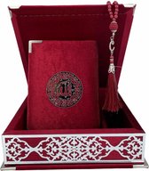 Fluwelen Koran in Doos met Tasbeeh Bordeaux Zilver