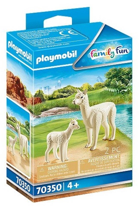 Doos met Playmobil speelgoed van een alpaca met baby. De verpakking toont een natuurlijke omgeving met een rivier.