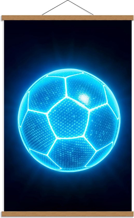 Schoolplaat – Blauwe Neon Voetbal - 60x90cm Foto op Textielposter (Wanddecoratie op Schoolplaat)