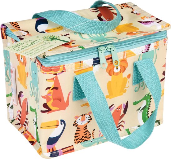 Sac isotherme beige avec imprimé de divers animaux, poignées bleu clair et fermeture éclair. Étiquette "Save the planet" sur le devant.