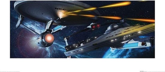 Kunstdruk Star Trek Enterprise vs Reliant 100x50cm