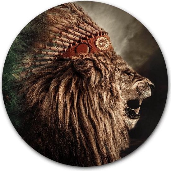 Wandcirkel Native Lion op hout - WallCatcher | Multiplex 80 cm rond | Houten muurcirkel Leeuw met indianentooi