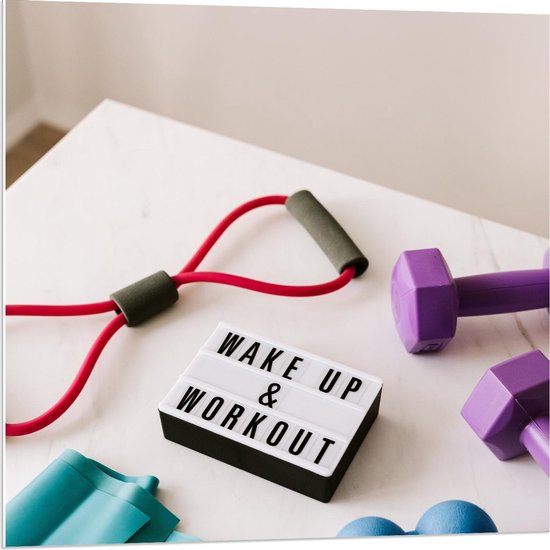 Forex - ''Make up & Workout'' met Sportartikelen - 80x80cm Foto op Forex