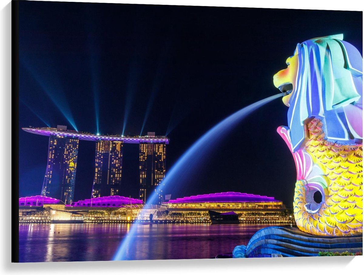 Canvas - Fontein in Merlion Park, Singapore - 100x75cm Foto op Canvas Schilderij (Wanddeco