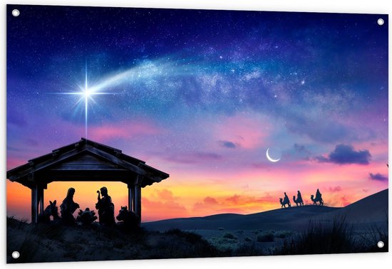 Tuinposter – Silhouet van Geboorte van Jezus en de Drie Wijzen - 120x80cm Foto op Tuinposter  (wanddecoratie voor buiten en binnen)