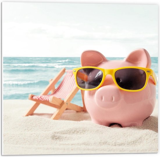 Forex - Spaarpot aan het genieten op het Strand - 50x50cm Foto op Forex