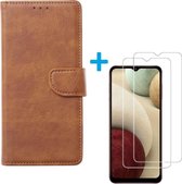 Bookcase Geschikt voor: Samsung Galaxy A32 5G - Lichtbruin - Portemonnee hoesje met 2 stuks Glas Screen protector