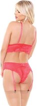 Kanten Jarretelset Erin 3-Delig -Zuurstokroze - S/M - Roze - Sexy Lingerie & Kleding - Lingerie Dames -  Dames Lingerie - Jarretel Setjes