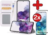 Hoesje Geschikt voor Samsung S20 Plus Hoesje Book Case Hoes Portemonnee Cover Walletcase Met 2x Screenprotector - Hoes Geschikt voor Samsung Galaxy S20 Plus Hoes Bookcase Hoesje - Wit