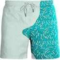 Turquoise zwembroek met een wit lijnpatroon, verdeeld in twee helften.