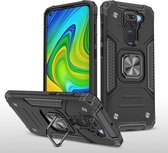 Voor Xiaomi Redmi Note 9 Magnetisch pantser Schokbestendig TPU + pc-hoesje met metalen ringhouder (zwart)