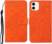 Etnische stijl reliëf patroon horizontale flip lederen tas met houder & kaartsleuven & portemonnee & lanyard voor iPhone 12 (oranje)