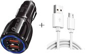 Qc3.0 dubbele USB-autolader + micro-USB-snellaadkabel Autolaadset (zwart)