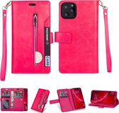 Voor iPhone 11 Pro Max Multifunctionele Rits Horizontale Flip Leren Case met Houder & Portemonnee & 9 Kaartsleuven & Lanyard (Rose Rood)